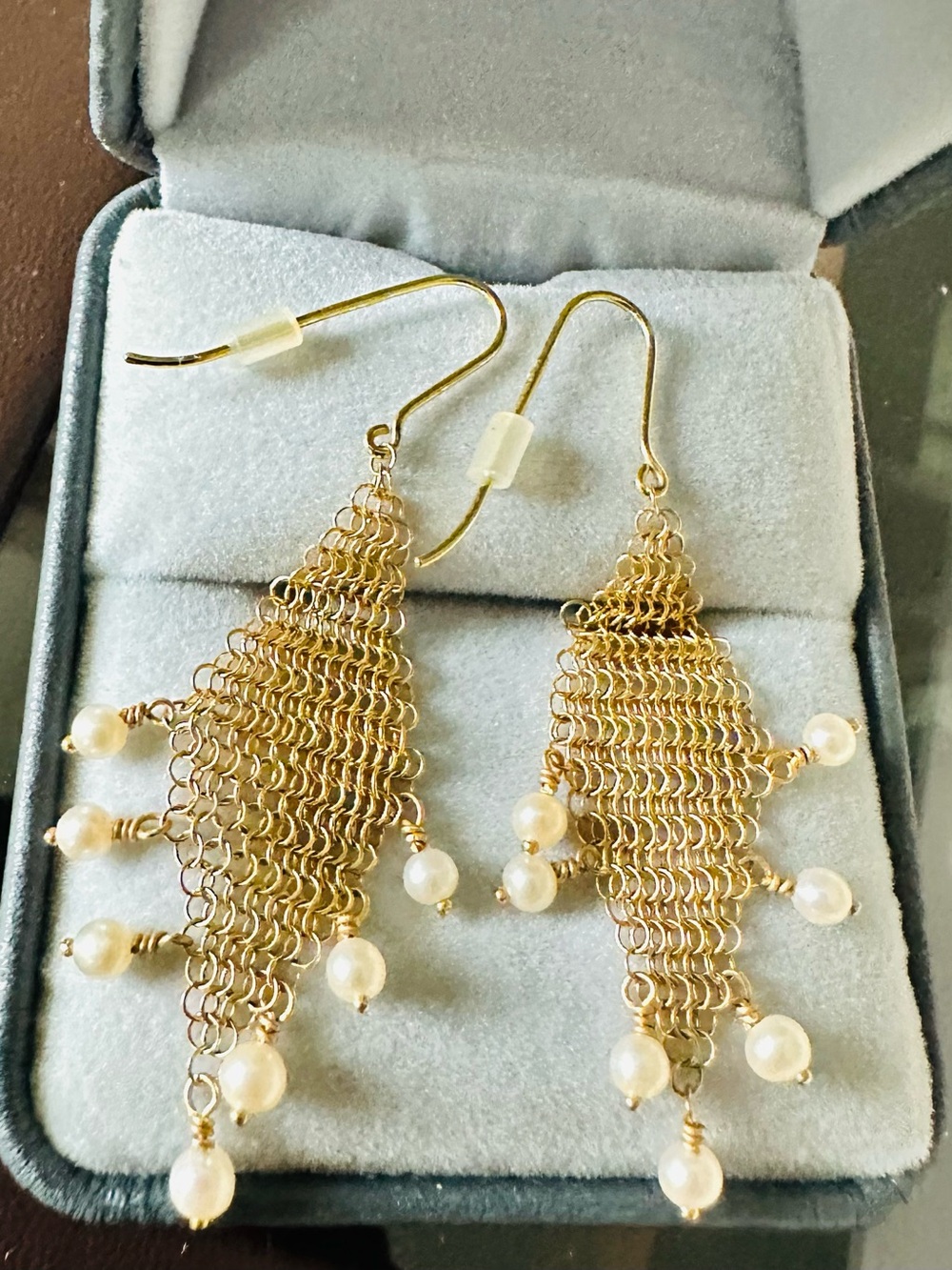 Tiffany & Co. Gold Chainmail Fringe Earrings with Pearls